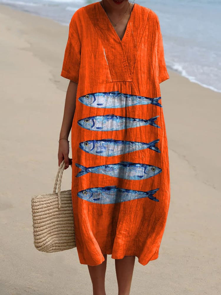 Women's Orange Sardines Print Dress